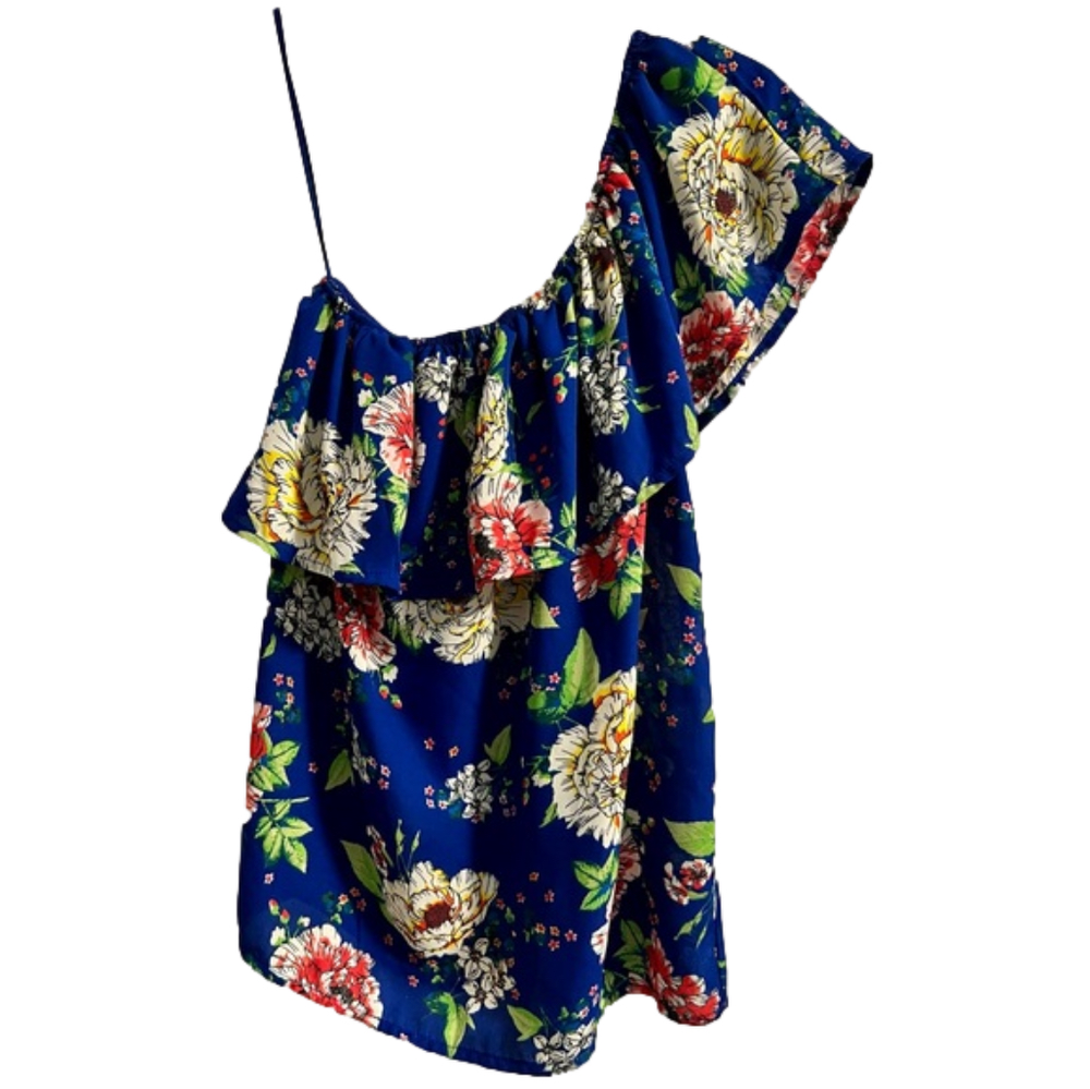 Lily White Women’s Blue Floral One Shoulder Blouse- Size Medium